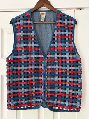 Koret City Blues‎ Vintage Woven Denim Vest Plaid Gingham Lattice Button Front L thumbnail 1