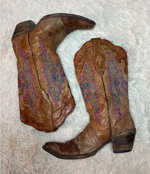 Corral Women's Embroidered Leather Western Cowboy Boots 6.5 Pointed Toe Brown‎ thumbnail 1