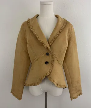 FADED GLORY Y2K Tan Blonde Faux Suede V Neck Ruffle Trim Button Up Blazer Jacket thumbnail 1