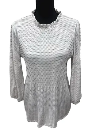 Adrianna Papell White Black Polka‎ Dot Top Blouse Pleats Balloon Sleeve Sz Small thumbnail 1