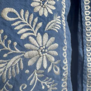 Vintage 100% Linen Skirt Sz 12 Artisan Embroidered Beaded Blue Cottage Boho Folk thumbnail 4