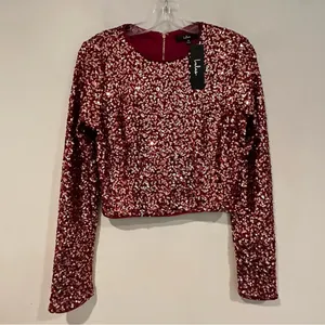 Lulus Prize-Winner Sequin Long Sleeve Crop Top Women's‎ Medium Burgundy Holiday thumbnail 6