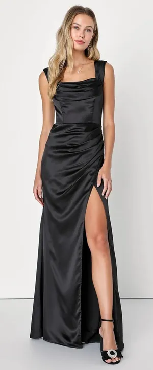 NWT Lulus Stunning Arrival Black Satin Off-The-Shoulder Maxi Dress Bridesmaid 1X thumbnail 1