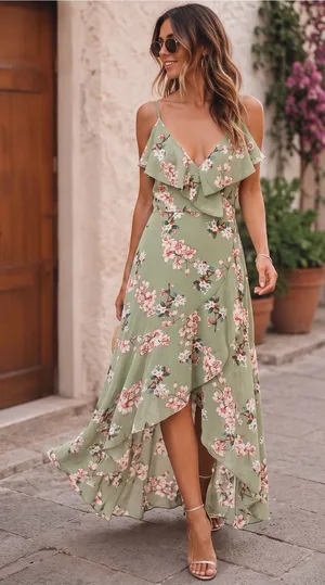 ROSEGAL Floral Ruffled High Low Dress Green Size 18 thumbnail 1