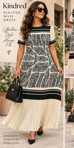 Kindred Pleated Maxi Dress M Cream Black Abstract Geometric Short Sleeve Print thumbnail 1