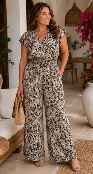 MSK Jumpsuit Womens L Black Beige Paisley Wide Leg Smocked Waist Boho thumbnail 1