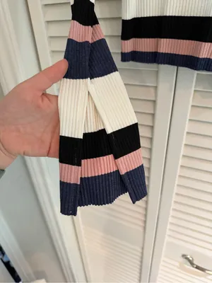 CALE Striped Ribbed Long-Sleeve Top in White, Navy & Pink thumbnail 3