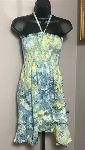 Tra Vida Small Smocked Halter Asymmetrical Dress in Blue Green Leaf Print thumbnail 1
