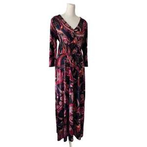Maggy London Navy & Coral V-Neck Smocked Waist 3/4 Sleeve Stretch Maxi Dress thumbnail 6