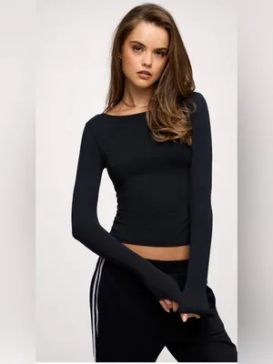 Nuuds Slinky Jersey Boat Neck Long Sleeve Shirt L Black Sculpting Top Festival thumbnail 2