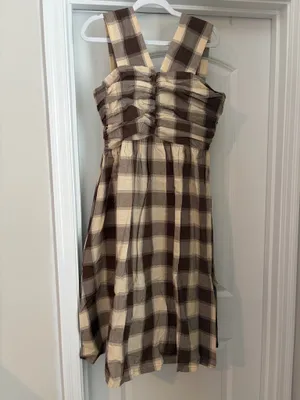 NWT TCEC Ruched Gingham Midi Dress Brown thumbnail 3
