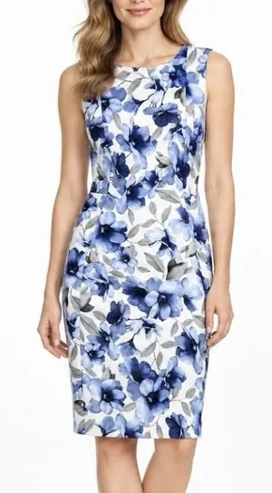 Calvin Klein Blue Floral Stretch Scuba Sleeveless Sheath Dress Office Wedding 6 thumbnail 1