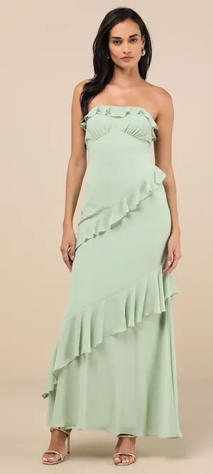 NWT Lulus Dramatic Allure Sage Green Ruffled Cutout Strapless Maxi Dress Sz XL thumbnail 1