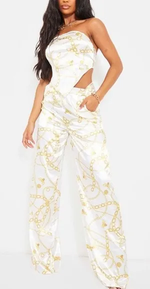 PrettyLittleThing Cream Chain Satin High Waist Wide-Leg Pants Size‎ 8 Night Out thumbnail 1