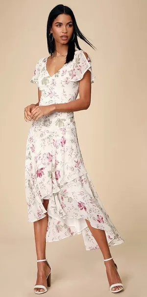 Lulus Lovestruck White Floral Print High-Low Midi Dress thumbnail 1