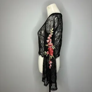 Forever 21- Black V-Neck Mesh Long Sleeve Top w/Floral Details thumbnail 3