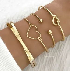Set of 4 Stackable Gold Bracelets, Love Knot Bracelets and Heart boho jewelry thumbnail 1