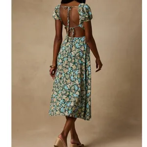 NEW Lulus Meadow Muse Green Floral Tie-Back Puff Sleeve Cottagecore Midi Dress thumbnail 3