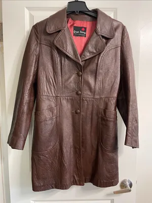Great Things Vintage Chocolate Brown Genuine Leather Long Coat Jacket Size Large thumbnail 2