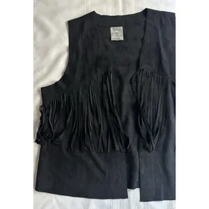 Vocal Women’s Black Sleeveless Fringe Rhinestone Skull Open Front Vest SZ XL EUC thumbnail 10