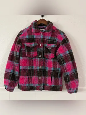 APPARIS Women XS Plaid Sherpa Teddy Trucker Jacket Pink Blue Faux Shearling thumbnail 2