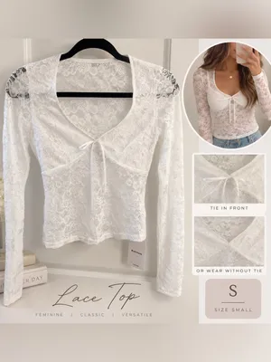 White Lace stretch Long-Sleeve Tie Front Top size small feminine NWT see pics thumbnail 2