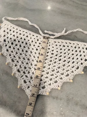 Handmade Crochet Wood Beaded Kerchief Head Scarf Cotton Boho Bandana Cottagecore thumbnail 3
