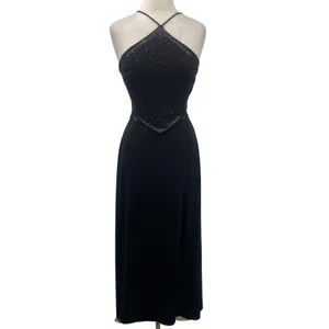 Vintage 90s Y2k Dave & Johnny Beaded Halter Neck Gown Sheer Tie Back Black 8 thumbnail 3