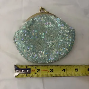 Coin purse bag Gold Kiss lock opening Satin Mint Green Sequins Vintage Fancy thumbnail 5