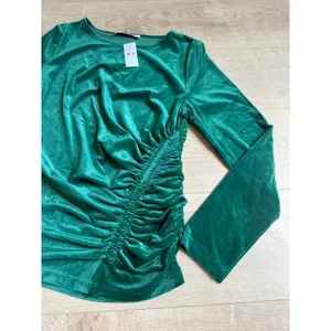 NWT Loft velvet velour green side cinch long sleeve blouse dressy soft size L thumbnail 5