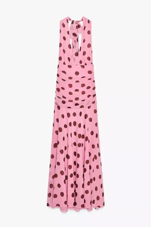 Zara Pink Polka Dot ruffled Maxi Dress bohemian summer vacation bodycon thumbnail 10