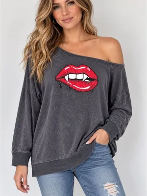 LoveSick Gray Vampire Lips Fangs Off Shoulder Sweatshirt Size 2X Halloween thumbnail 1