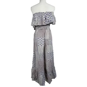 ILLA ILLA Patchwork Jumpsuit Womens L Blue Boho Off Shoulder Wide Leg Rayon thumbnail 2