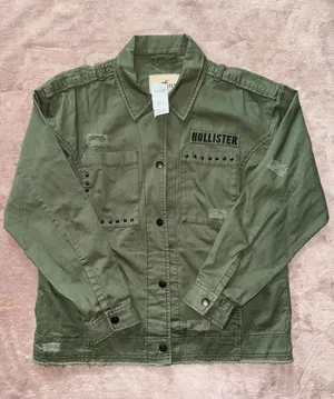 Hollister Women's Utility Distressed Jacket Shirt Army Green Size Large‎ NWT thumbnail 1
