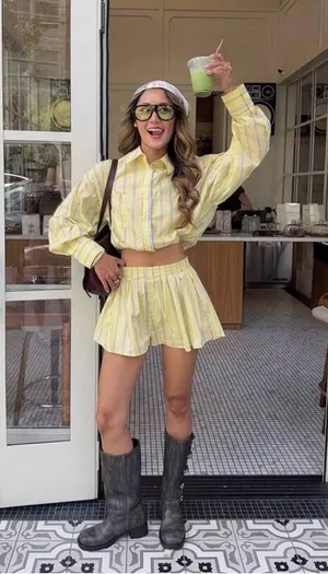 Boutique Women's Yellow Striped Pleated Mini Shorts- Coordinated Set thumbnail 1