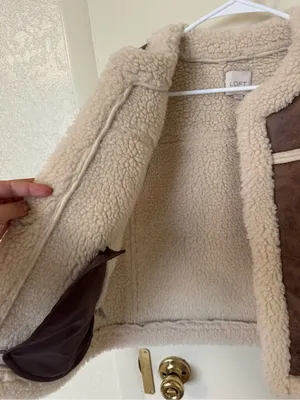 LOFT Faux Leather Suede Sherpa Open Vest Brown Cream Size M thumbnail 4