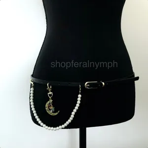 Y2K Celestial Black Faux Leather Pearl Moon Belt, Fits 33–35 Inches, X7GA1232 thumbnail 5