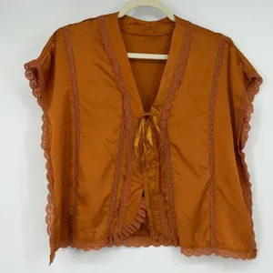 Women's L Rust Satin Lace Trim Tie Front Blouse Romantic Boho Coquette thumbnail 1
