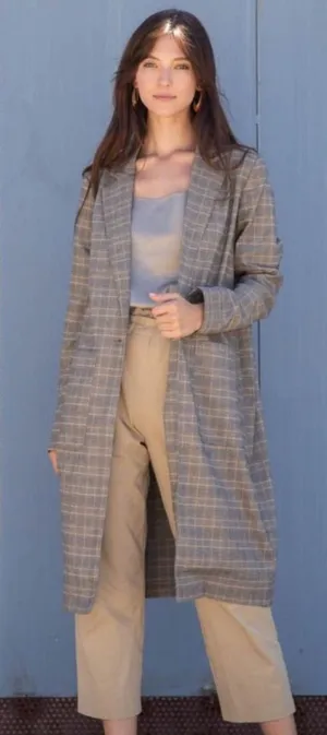 Irene’s Story Umber Oversized Plaid Striped Fall Winter Trench Coat Jacket thumbnail 1