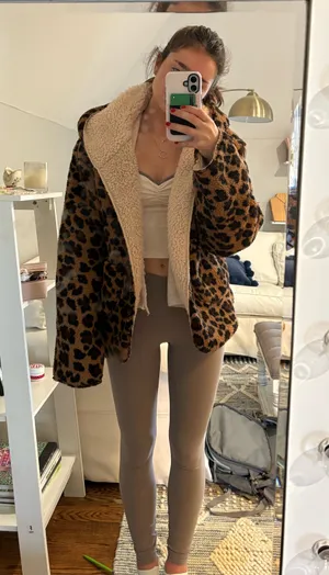 Leopard print sherpa coat with hood and pockets fits any size thumbnail 1