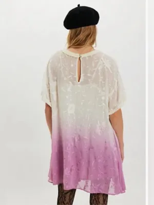 Free People Petal Dusk T-Shirt Mini Dress medium NWT Ivory Pink Ombré Embroidere thumbnail 2