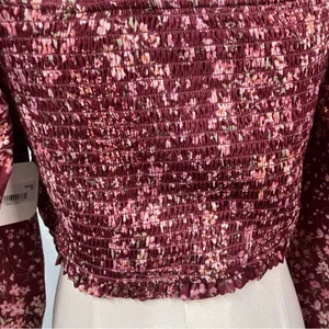 Altar’d State Vaella Smocked Floral Top in Burgundy Long Sleeve‎ Cropped medium thumbnail 9
