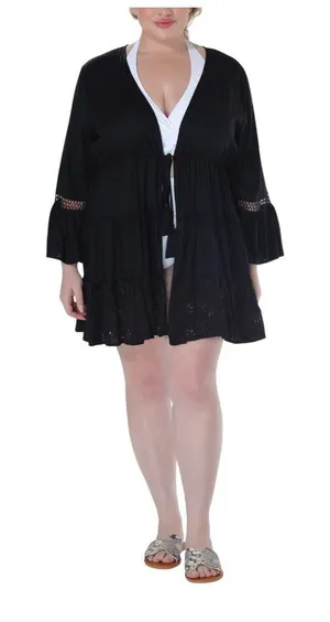 NWT Raviya Lace-Inset Eyelet-Flounce Cover-Up 76301X Black 1X thumbnail 1