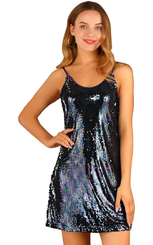 NWT Allegra K Iridescent Sequin V Neck Mini Party Club Dress Purple Green Large thumbnail 1