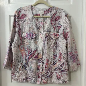 Chico's‎ Linen Zip Up Jacket Shacket Sz 3 (XL) Boho Chic Coastal Paisley Career thumbnail 3