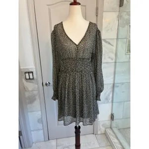Zara Womens Green Cream Polka Dot Smocked‎ V-Neck Mini Dress L thumbnail 12