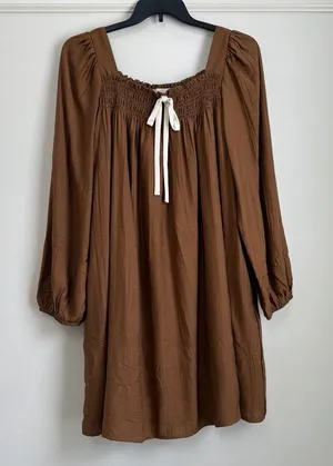 in february Sepia Brown Smocked Babydoll Knee-Length Dress Pockets NWT Size L thumbnail 1