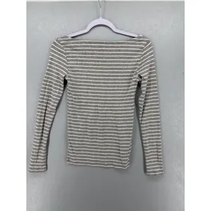 Gap Womens Top Gray White Striped Ribbed Scoop Neck Long Sleeve XS thumbnail 3