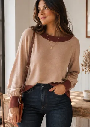Bohme Colorblock Knit Sweater Women’s Small Blush Brown Balloon Sleeve Soft thumbnail 1
