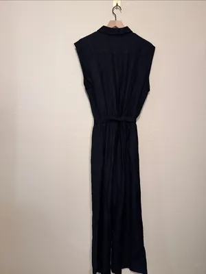 LOFT Black Linen Cap Sleeve Wide Leg Belted Jumpsuit Size XL thumbnail 7